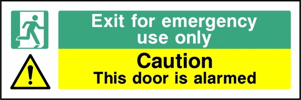 Green and yellow Exit for emergency use only — Caution — This door is alarmed sign showing a running-person symbol and an exclamation-mark warning symbol. Artwork EMER0047.
