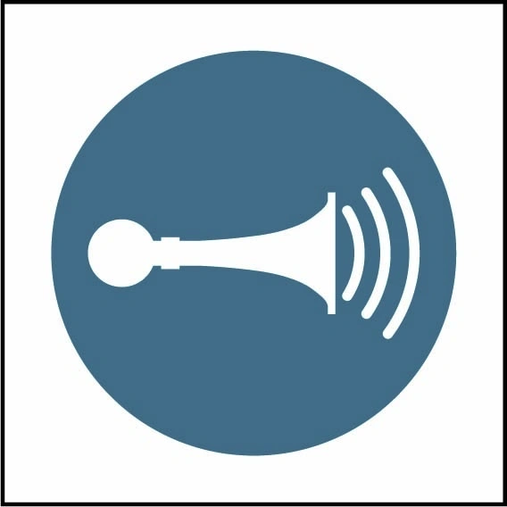 Sound horn pictogram sign showing white horn and sound waves pictogram in blue circle. Artwork MACH0054.