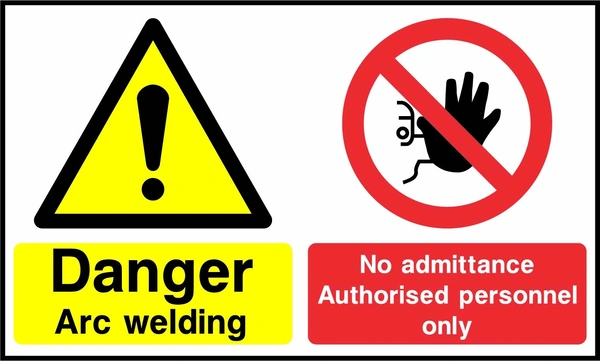 Danger — Arc welding — No admittance authorised personnel only. Side-by-side panels. Artwork MULT0050.