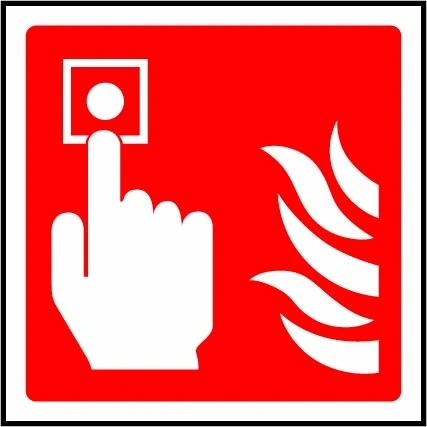Fire alarm call point pictogram sign showing hand pressing alarm button and flames. Artwork FEQP0050.