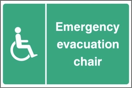 Emergency evacuation chair sign showing wheelchair symbol and equipment message. Artwork EMER0095.