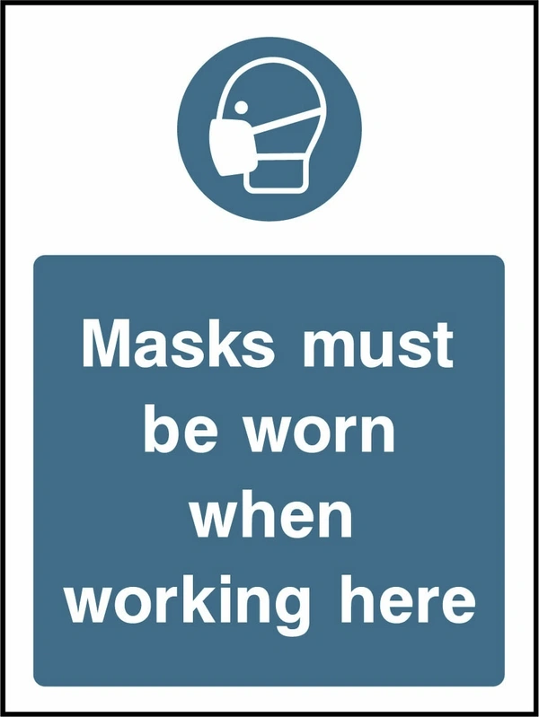 Masks must be worn when working here sign showing blue face mask pictogram above wording. Artwork PPE0036.