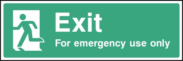 Green and white Exit — For emergency use only sign showing a left-facing running-person symbol. Artwork EMER0045.