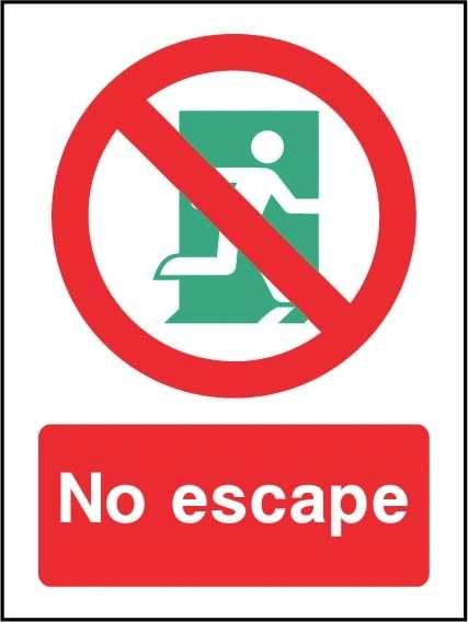 No escape sign showing crossed running person symbol. Artwork EMER0082.