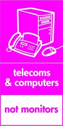 Telecoms & computers — Not monitors sign showing white computer and phone pictogram with exclusion footer on magenta background. Artwork ELEC0106.