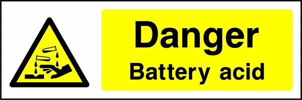 Danger — Battery acid sign with yellow triangular corrosion pictogram beside wording. Artwork CHEM0005.