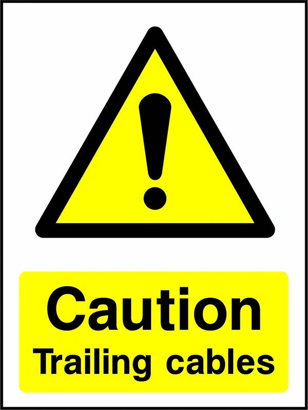 Caution — Trailing cables sign showing yellow exclamation warning pictogram above wording. Artwork GENE0087.