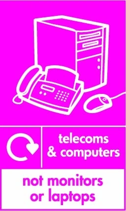 Telecoms & computers — Not monitors or laptops sign showing white computer and phone pictogram with exclusion footer and small recycling arrow beside wording on magenta background. Artwork ELEC0115.