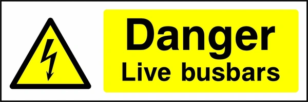 Danger — Live busbars sign showing yellow electrical lightning bolt warning triangle beside wording. Artwork ELEC0016.