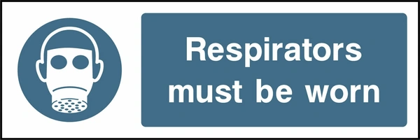 Respirators must be worn sign showing blue respirator pictogram beside wording. Artwork PPE0017.