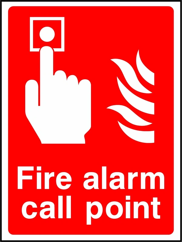 Fire alarm call point sign showing alarm button pictogram above lower text panel. Artwork FEQP0011.