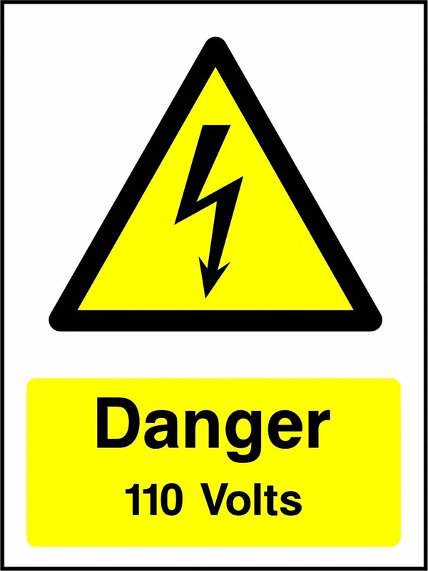 Danger — 110 Volts sign showing yellow electrical lightning bolt warning triangle above wording. Artwork ELEC0033.