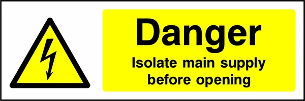 Danger — Isolate main supply before opening sign showing yellow electrical lightning bolt warning triangle beside wording. Artwork ELEC0008.