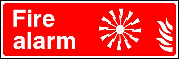 Fire alarm sign showing radiating alarm and flame pictograms beside wording. Artwork FEQP0033.