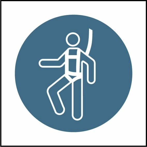 Wear a safety harness pictogram sign showing white person wearing safety harness pictogram in blue circle. Artwork MACH0052.