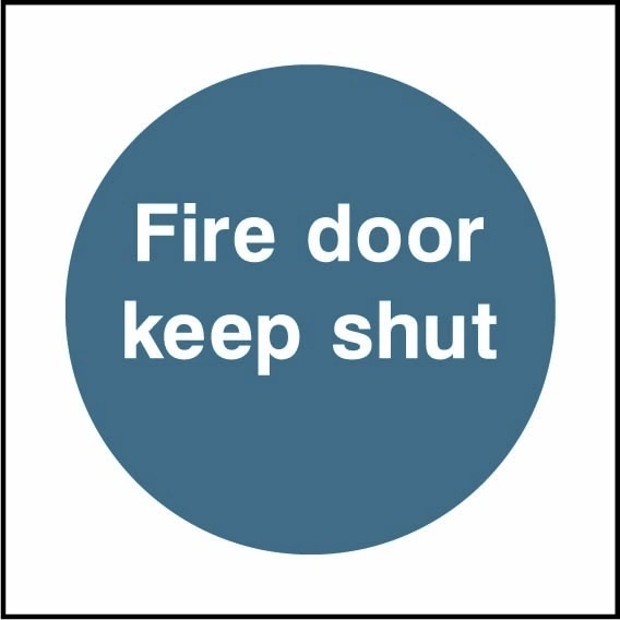 Fire door keep shut sign showing blue circular mandatory wording. Artwork FPRV0014.