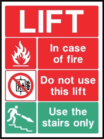 Lift — In case of fire — Do not use this lift — Use the stairs only sign showing collated fire lift-prohibition and descending-stairs panels. Artwork LIFT0024.