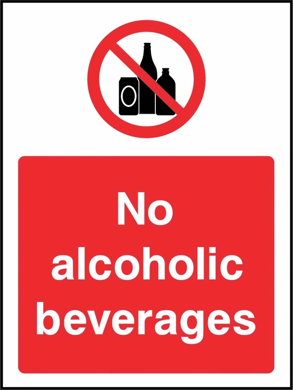 No alcoholic beverages sign showing red bottle glass and can prohibition symbol above wording. Artwork GENE0122.