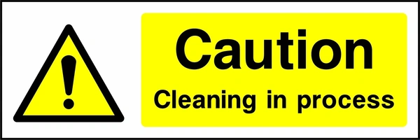 Caution — Cleaning in process sign showing yellow exclamation warning pictogram beside wording. Artwork GENE0043.
