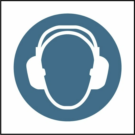 Wear ear protection pictogram sign showing blue ear defenders pictogram without wording. Artwork PPE0052.