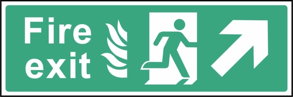 Green and white Fire exit sign showing up-right arrow. Artwork EMER0018.