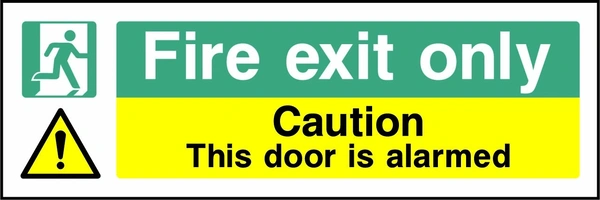 Green and yellow Fire exit only — Caution — This door is alarmed sign showing a running-person symbol and an exclamation-mark warning symbol. Artwork EMER0046.