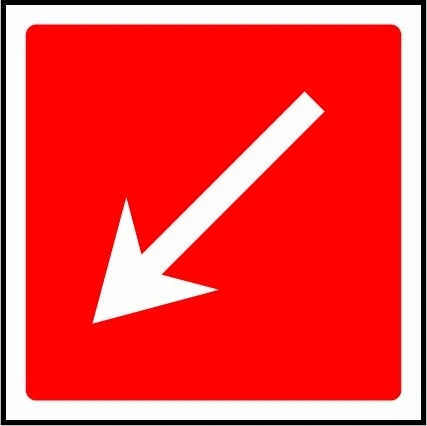 Fire equipment direction — Down left sign showing white down-left arrow on red. Artwork FEQP0058.