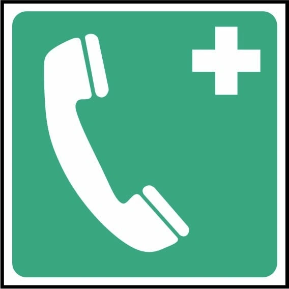 Emergency telephone pictogram sign showing telephone handset and white cross. Artwork FAID0020.