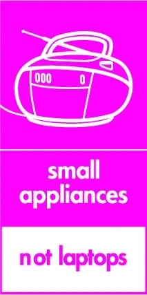 Small appliances — Not laptops sign showing white radio pictogram with exclusion footer on magenta background. Artwork ELEC0102.