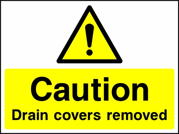 A black exclamation mark inside a yellow warning triangle above black wording on a yellow panel with Caution — Drain covers removed wording. CONS0105 artwork.