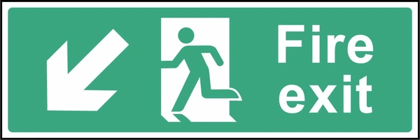 Green and white Fire exit sign with a down left arrow and running-person escape symbol. Letterbox artwork EMER0005.