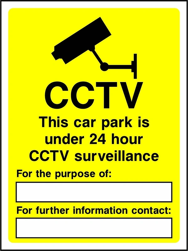 CCTV — This car park is under 24 hour CCTV surveillance sign. black CCTV camera pictogram and wording on a yellow panel. Artwork SECU0003.