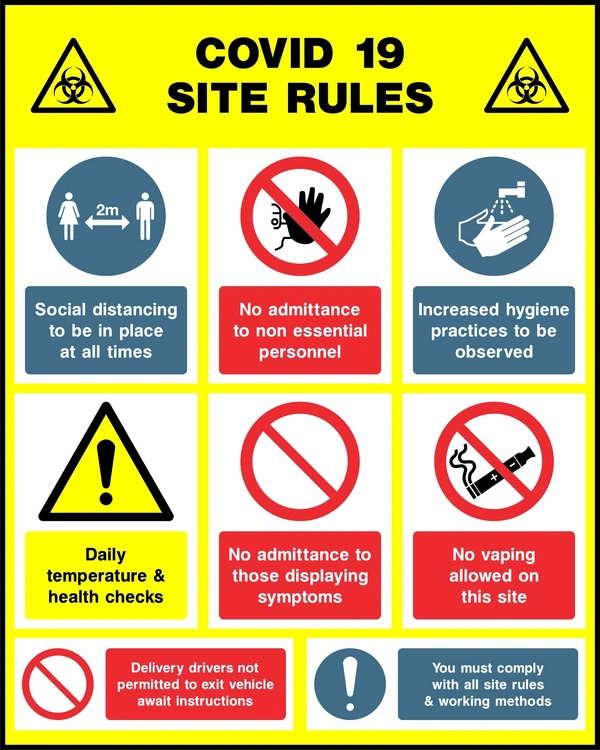 Nine-panel COVID 19 Site Rules board with distancing, entry, hygiene, health-check, vaping, delivery-driver and site-rule messages. CONS0127.