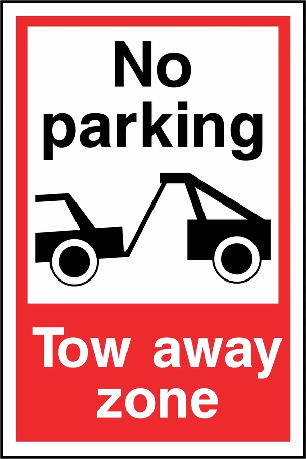 No parking — Tow away zone sign. tow-truck pictogram with red-and-white wording. Supplied artwork PARK0076.