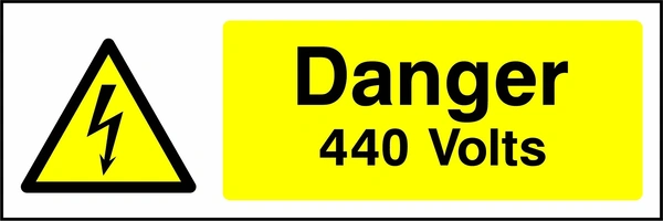 Danger — 440 Volts sign showing yellow electrical lightning bolt warning triangle beside wording. Artwork ELEC0005.
