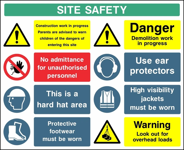 Collated site safety board with construction and demolition warnings, no unauthorised entry, PPE requirements and overhead load warning. CONS0011 artwork.
