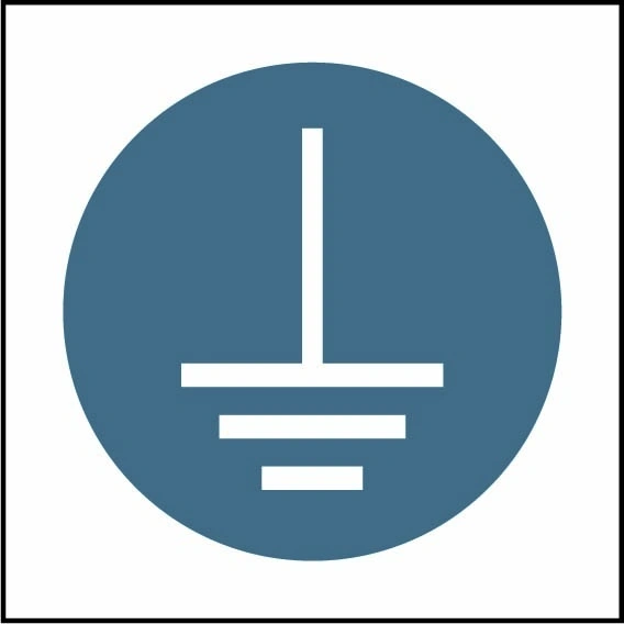 Earth connection pictogram sign showing white earth connection pictogram in blue circle. Artwork MACH0057.