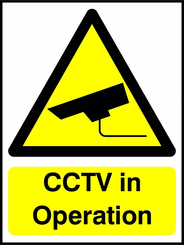 CCTV in Operation sign. yellow CCTV camera warning triangle and wording. Artwork SECU0033.