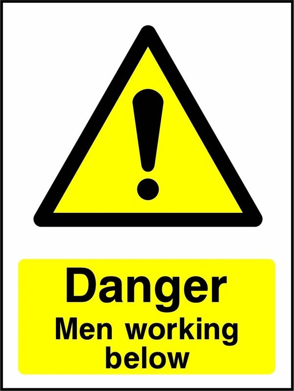 Danger — Men working below sign showing yellow exclamation warning pictogram above wording. Artwork GENE0050.