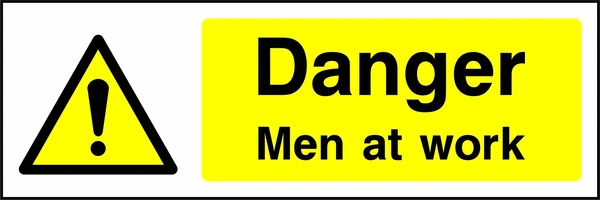 Yellow and black sign with an exclamation mark warning symbol and Danger — Men at work wording. CONS0052 artwork.