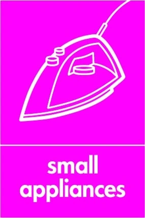 Small appliances sign showing white iron pictogram above wording on magenta background. Artwork ELEC0091.