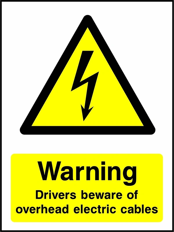 Warning — Drivers beware of overhead electric cables sign showing yellow electrical lightning bolt warning triangle above wording. Artwork ELEC0052.
