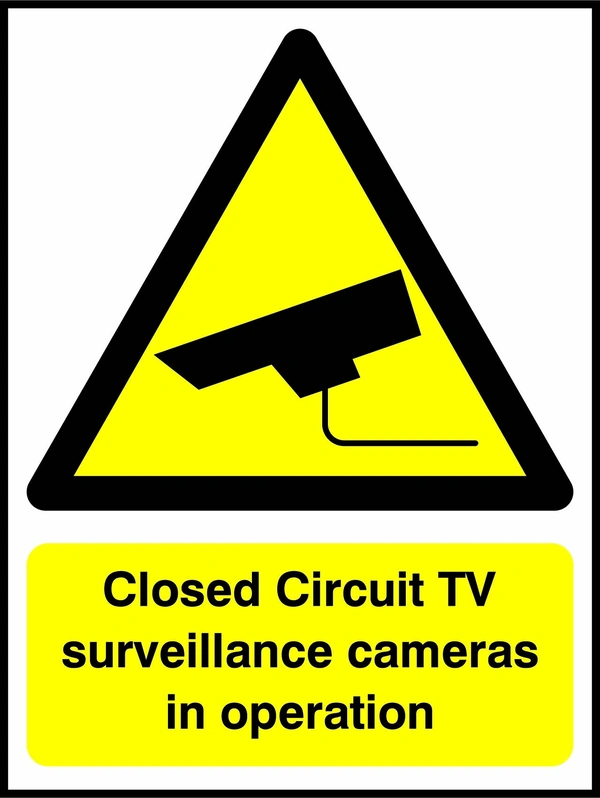 Closed Circuit TV surveillance cameras in operation sign. yellow CCTV camera warning triangle and wording. Artwork SECU0035.