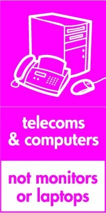 Telecoms & computers — Not monitors or laptops sign showing white computer and phone pictogram with exclusion footer on magenta background. Artwork ELEC0105.