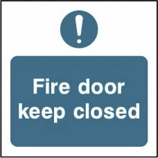 Fire door keep closed sign showing blue exclamation pictogram above wording. Artwork FPRV0021.