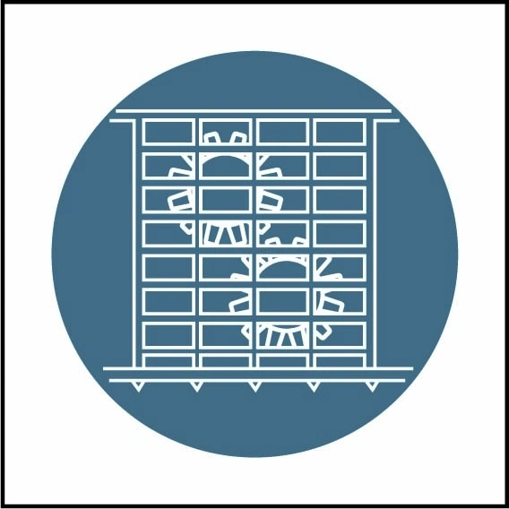 Check guard pictogram sign showing white guarded machinery pictogram in blue circle. Artwork MACH0050.