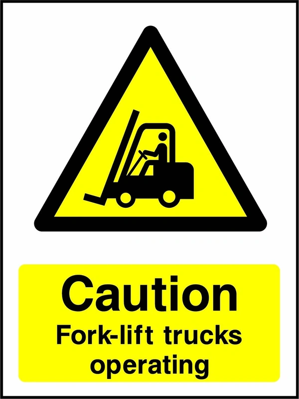 Caution — Fork-lift trucks operating sign showing yellow forklift truck warning pictogram above wording. Artwork GENE0066.