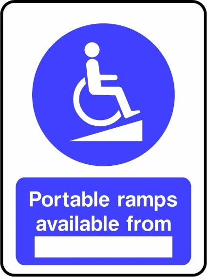 Portable ramps available from sign showing blue wheelchair-on-ramp pictogram above a blank location panel. Artwork DDA0007.
