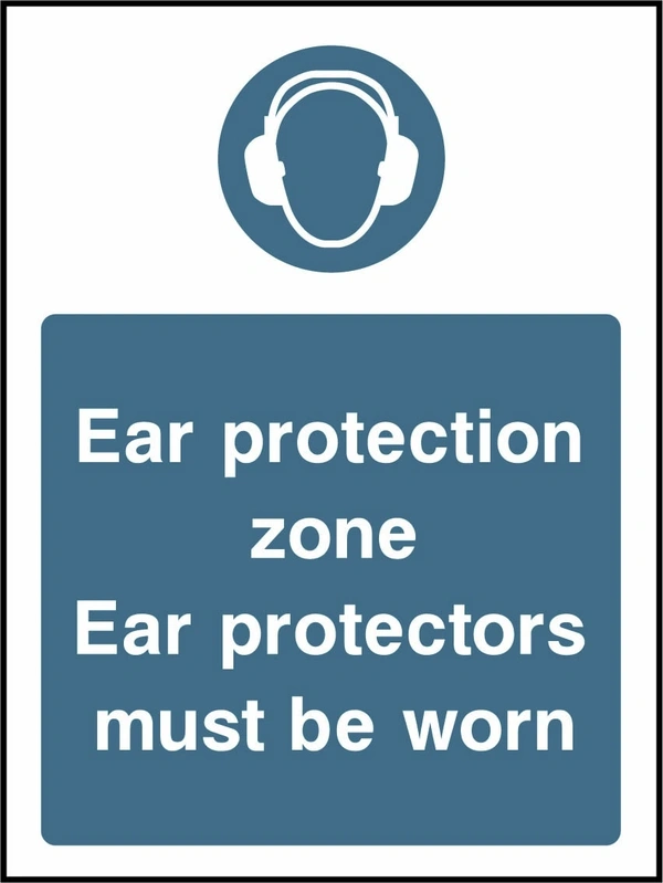 Ear protection zone — Ear protectors must be worn sign showing blue ear defenders pictogram above wording. Artwork PPE0034.