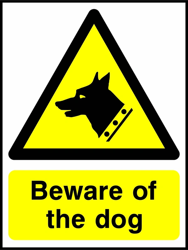 Beware of the dog sign. yellow guard-dog warning triangle and wording. Artwork SECU0045.
